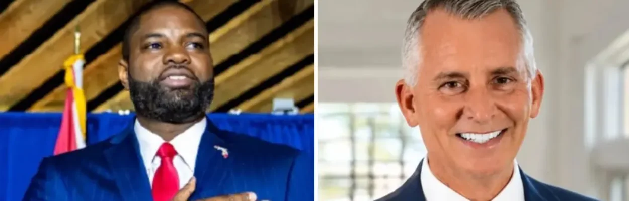 Side-by-side photos of Florida gubernatorial candidates Byron Donalds and David Jolly, who called for Hope Florida reforms. Left: Man with a blue suit with his hand over his heart. Right: Man with graying hair, blue suit, smiling into the camera