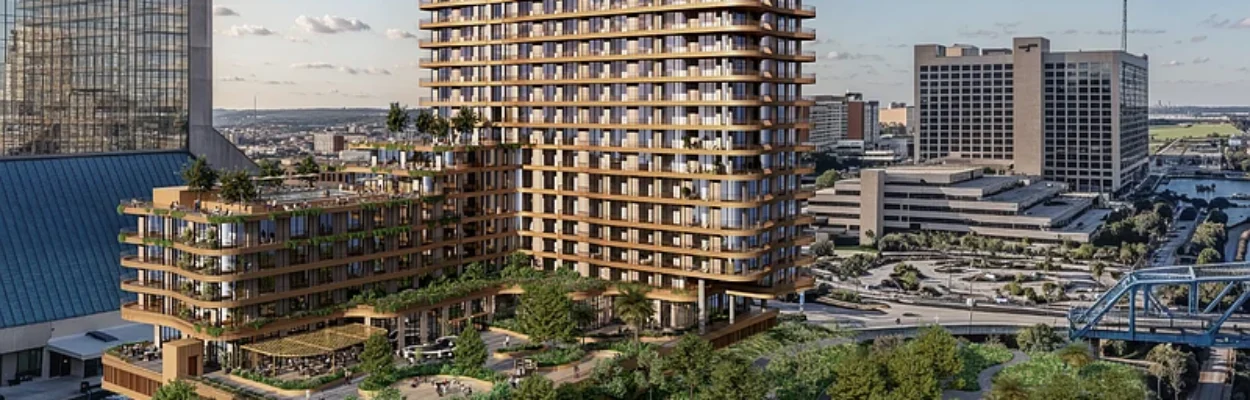 Aerial view of a proposed tower at Riverfront Plaza.