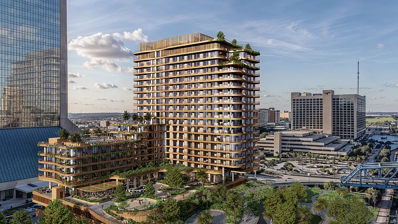 Aerial view of a proposed tower at Riverfront Plaza.