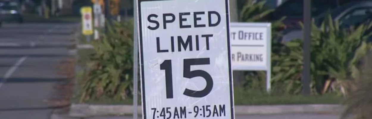 A sign shows the speed limit around Neptne Beach Elementary School, where cameras have been used to monitor drivers.