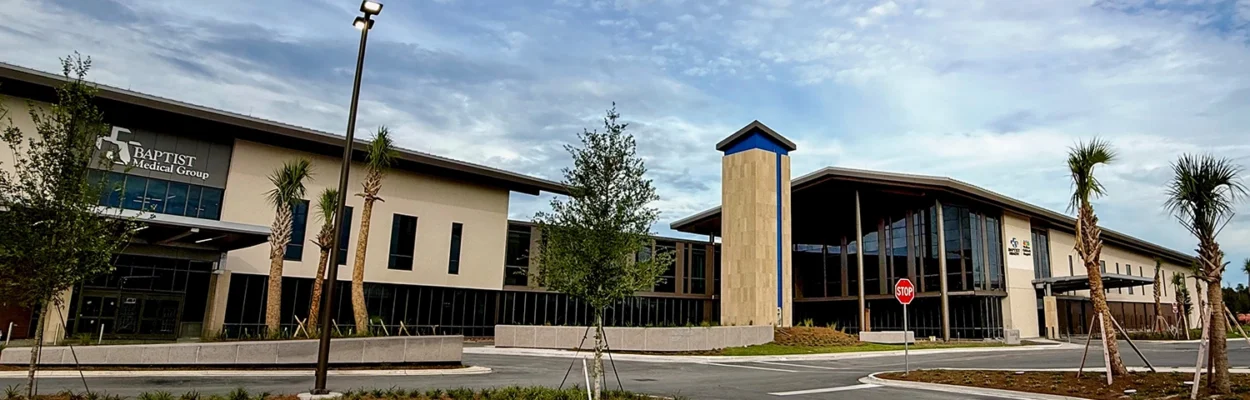 The front of Baptist Health's new emergency in Silverleaf, part of a trend of new hospitals and medical facilities in St. Johns County.