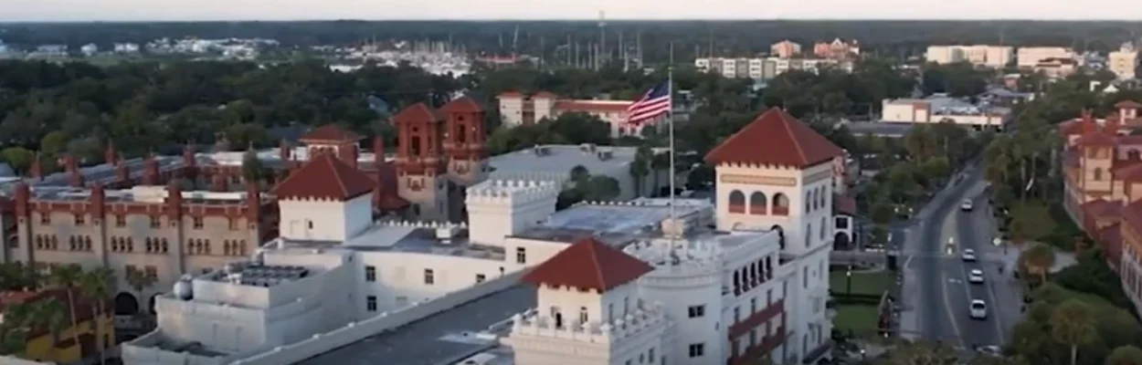 Aerial view of red-roofed buildings in St. Augustine.