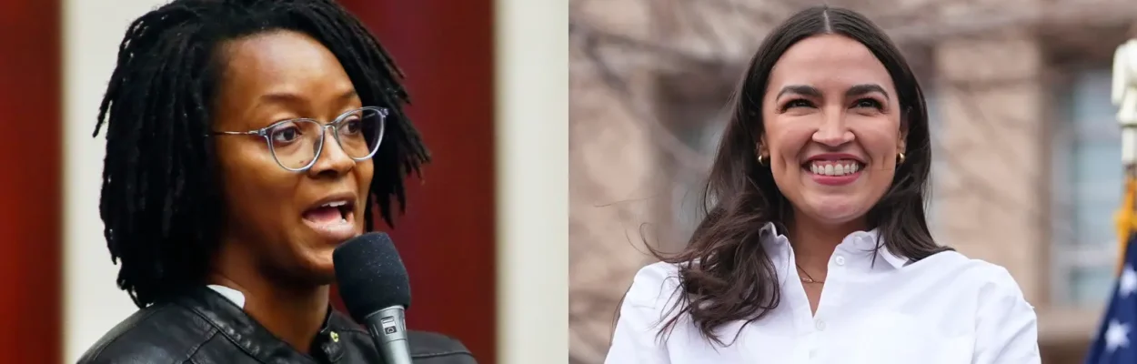 Composite image showing Angie Nixon on the left and congresswoman Alexandria Ocasio-Cortez on the right.
