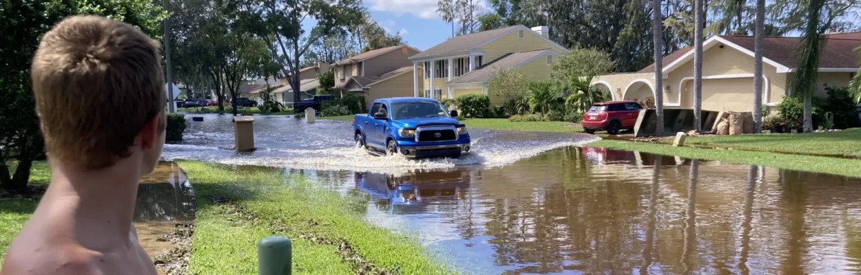Flooding from overloaded storm sewers in northern Hillsborough County from Hurricane Milton in October 2024.
