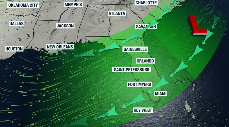 Map shows rain moving into Floriday over the next few days.