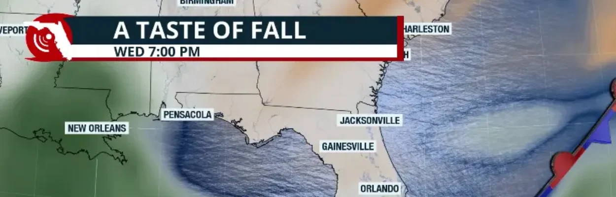 A map of Florida labeled "a taste of fall" after a hot start to the week.