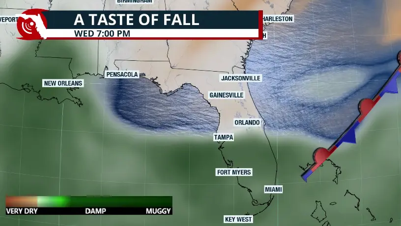 A map of Florida labeled "a taste of fall" after a hot start to the week.