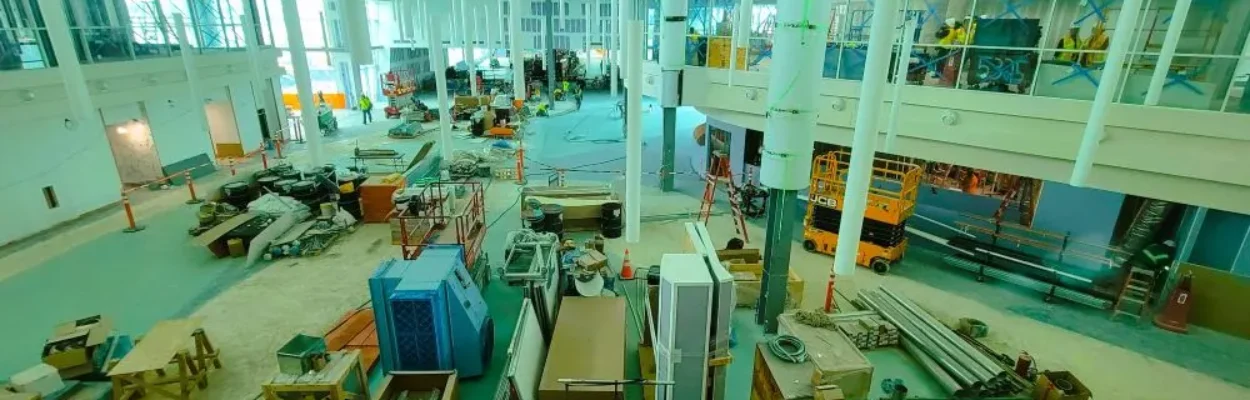 A third-floor view looking down on the inside of the new concourse under construction at Jacksonville International Airport.