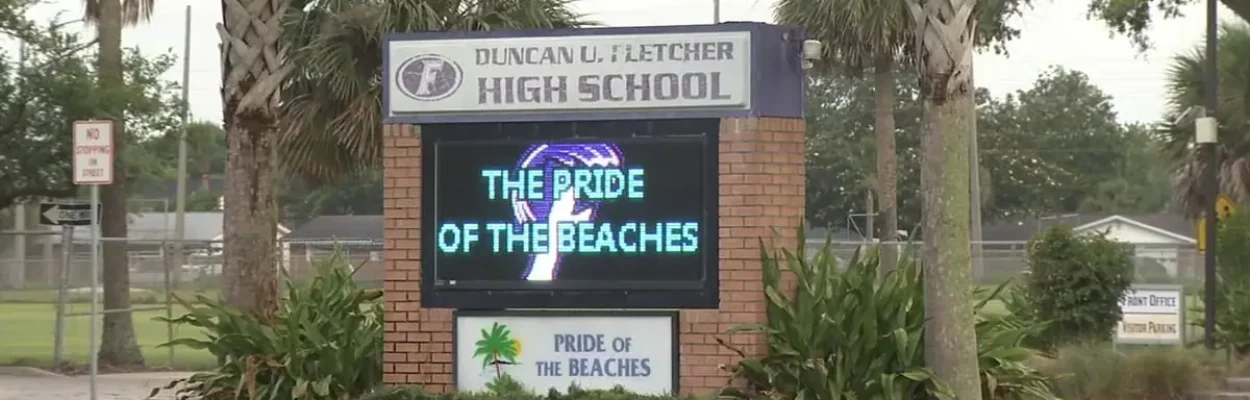 The sign outside Fletcher High School, where a volleyball coach was removed from his position.