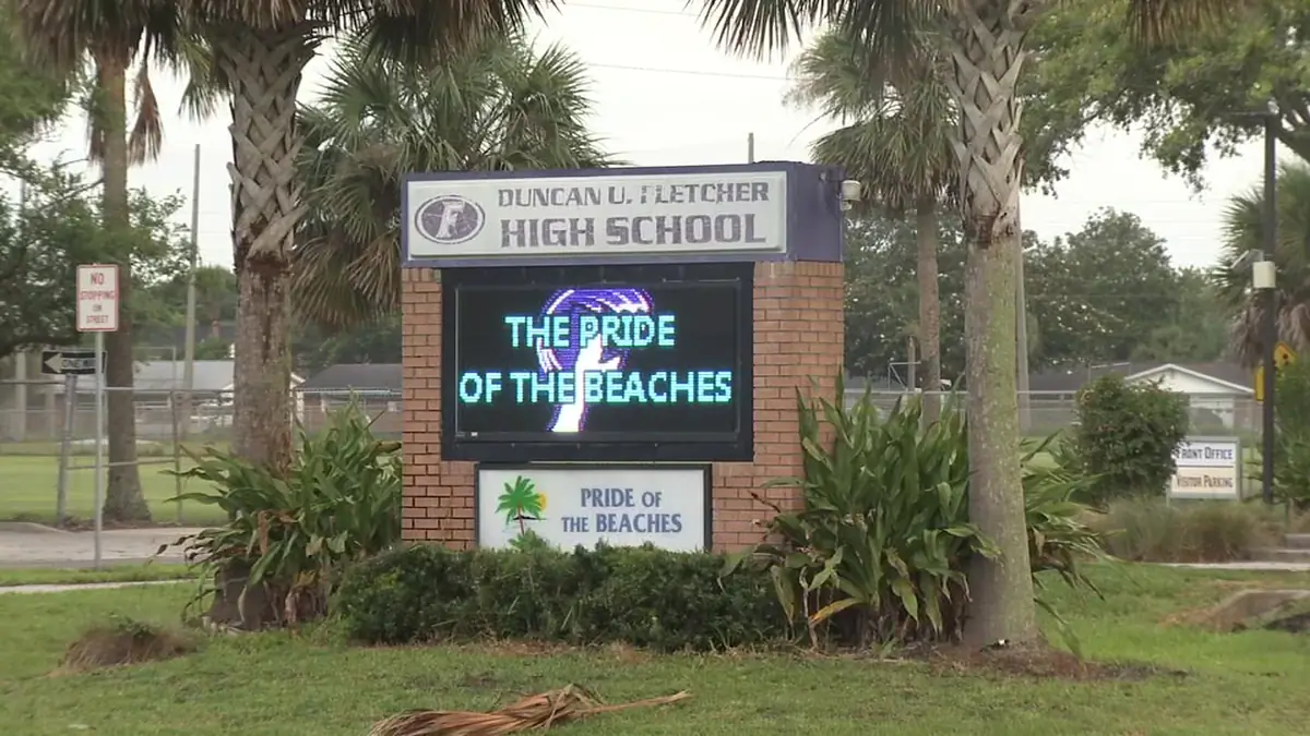 The sign outside Fletcher High School, where a volleyball coach was removed from his position.