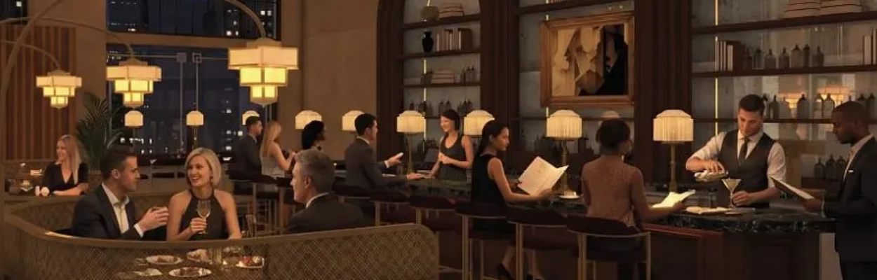 A rendering of the inside of Oak Steakhouse.