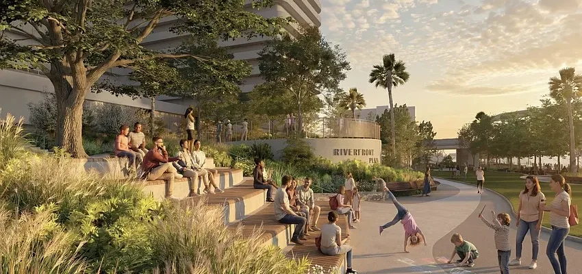 An artist's rendering showing Riverfront Plaza, with people sitting on steps and children playing.