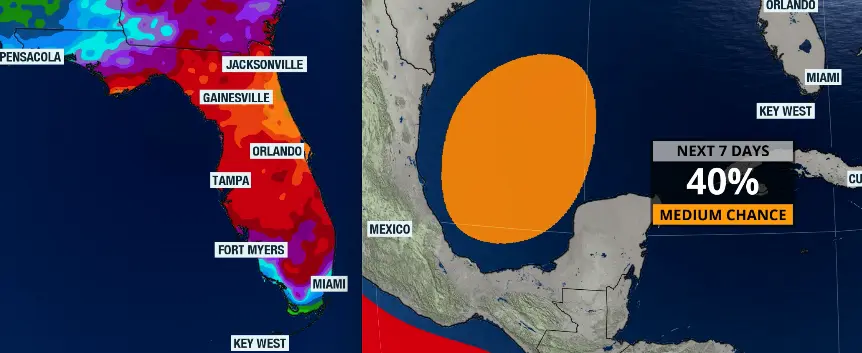 Rainfall totals forecast through Saturday morning (left) and area where there could be tropical development later on this week.