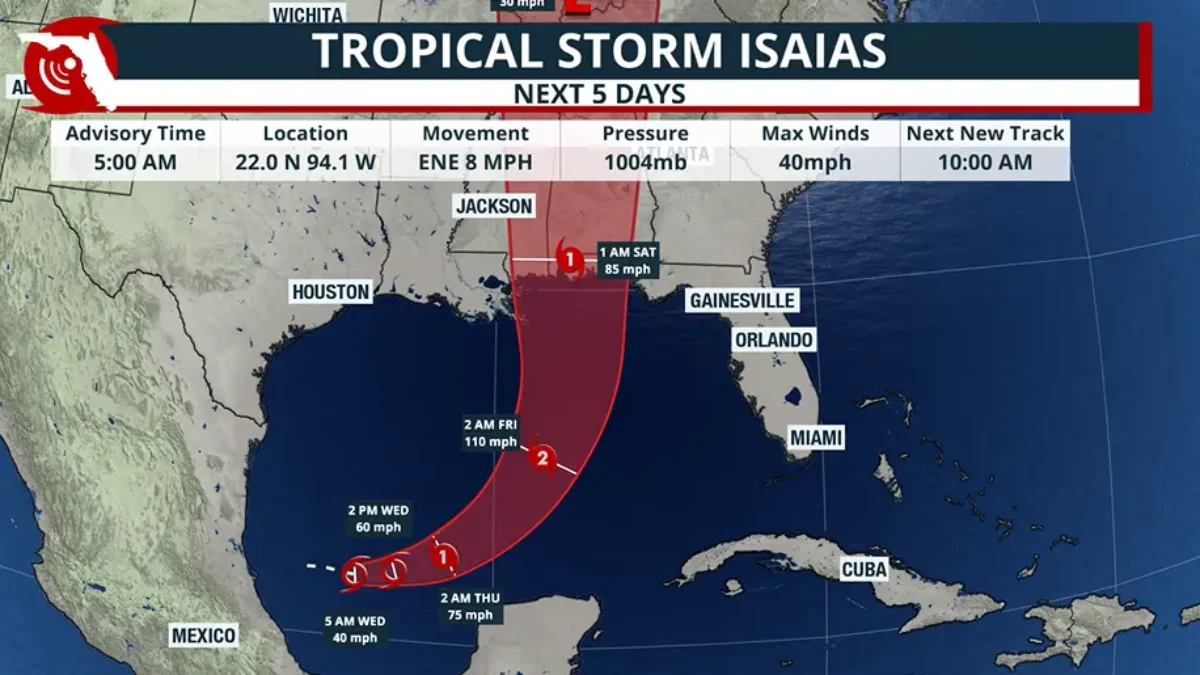 Map showing the track of Tropical Storm Isaias.