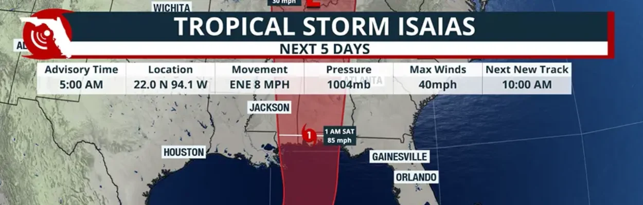 Map showing the track of Tropical Storm Isaias.