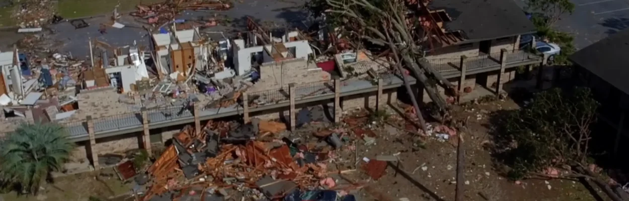 Winter storm damage shown from the air.
